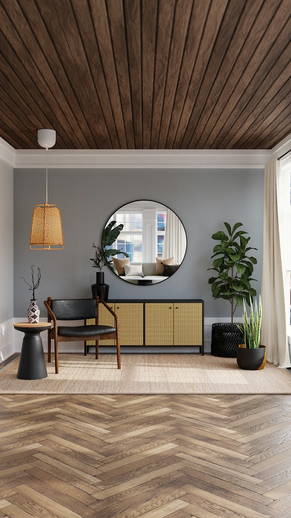 Styled room with cabinet, chair, plants and wall mirror
